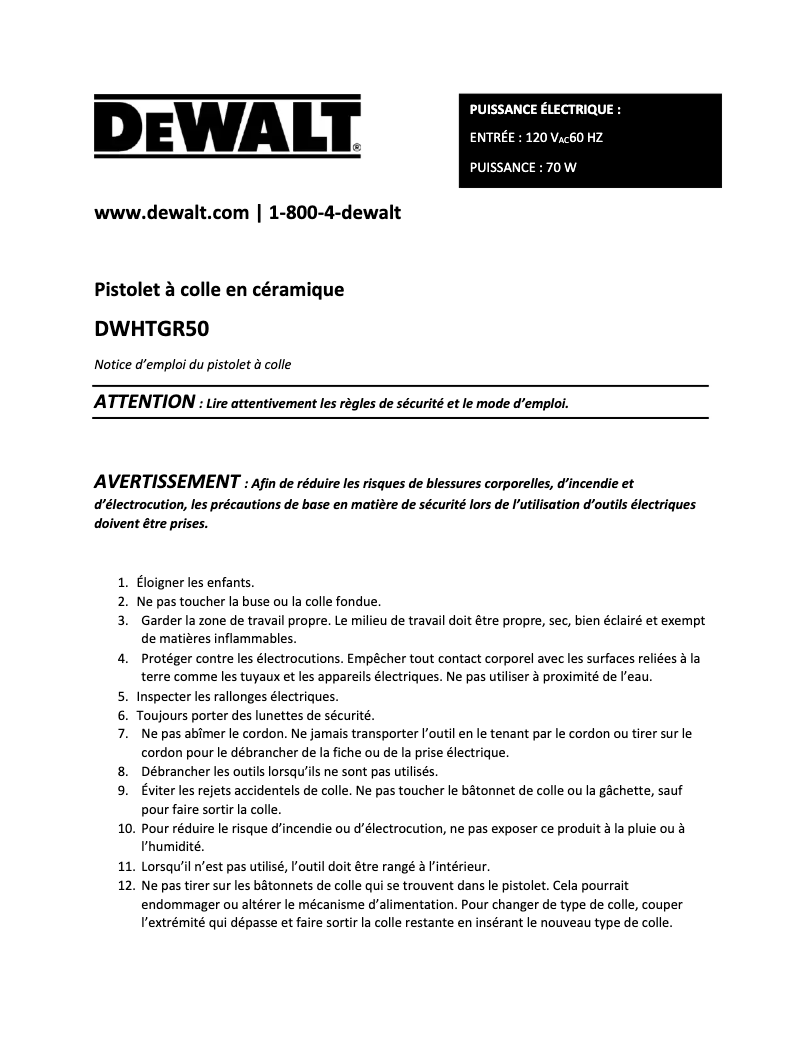 Page n°1 - Manuel utilisateur DeWalt DWHTGR50