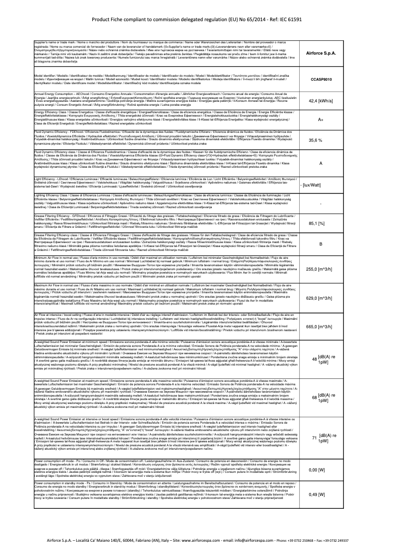 Page 1 de la notice Fiche technique Airforce Aspira onboard easy  80
