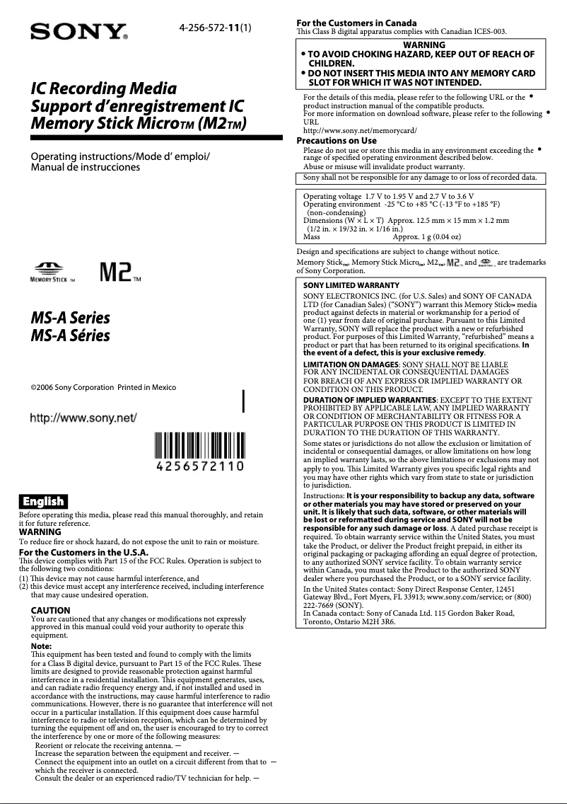 Page 1 de la notice Manuel utilisateur Sony MS-A8GN