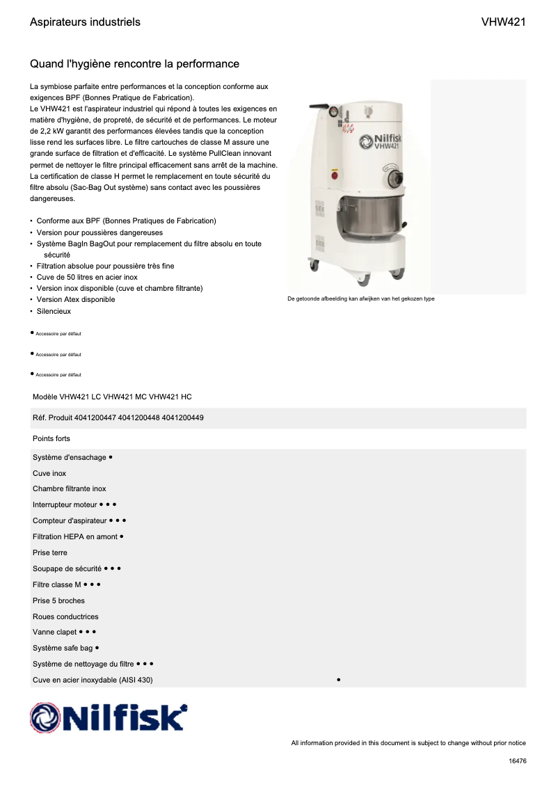 Page 1 de la notice Fiche technique Nilfisk VHW421