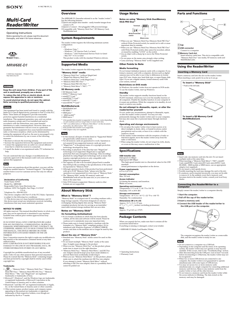 Page 1 de la notice Manuel utilisateur Sony MRW68E-D1