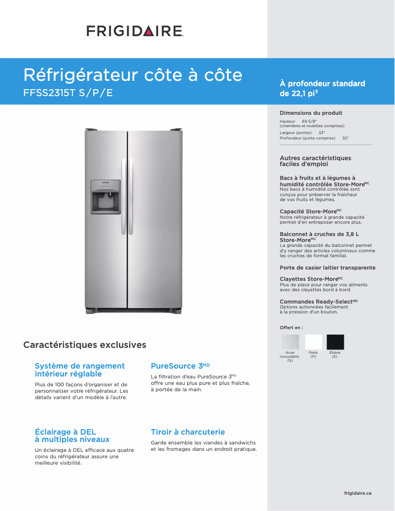 Page n°1 - Fiche technique Frigidaire FFSS2315TE
