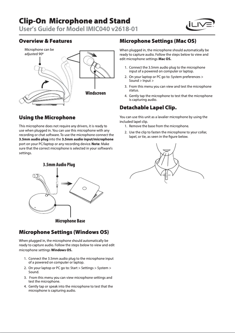 Page 1 de la notice Manuel utilisateur iLive IMIC040