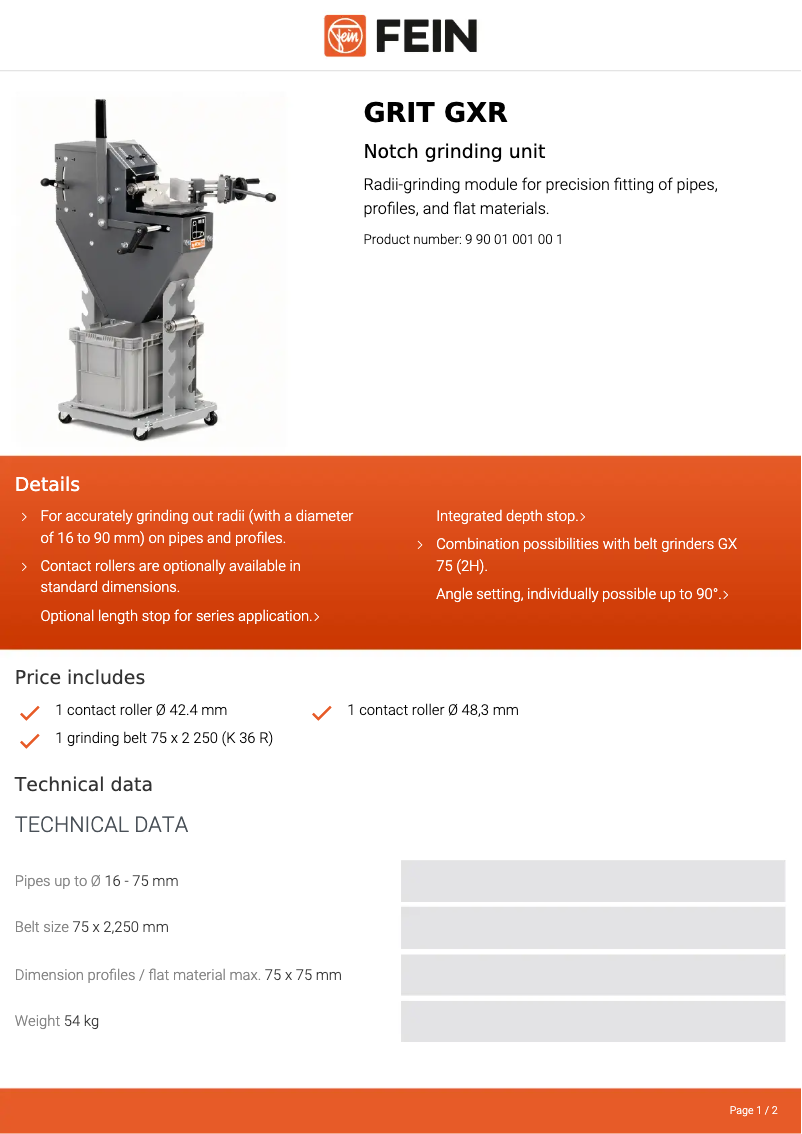 Página 1 del manual Ficha técnica Fein GRIT GXR