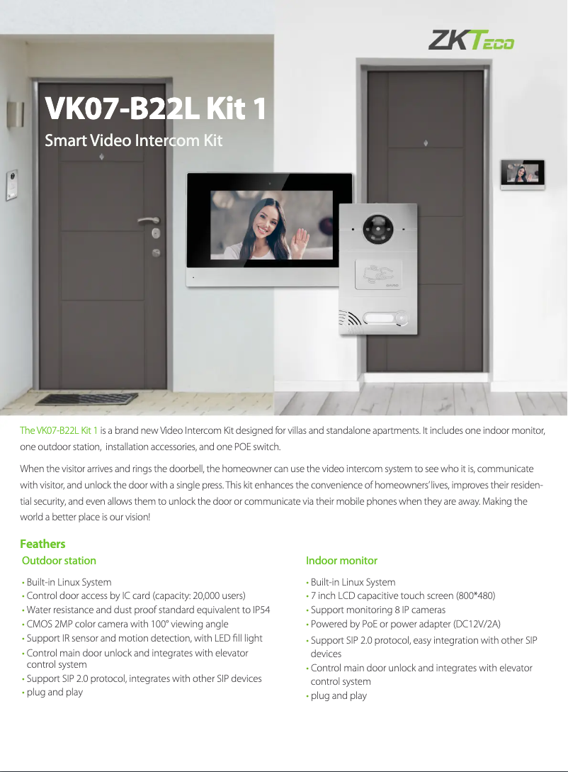 Page 1 de la notice Fiche technique ZKTeco VE01-B22L