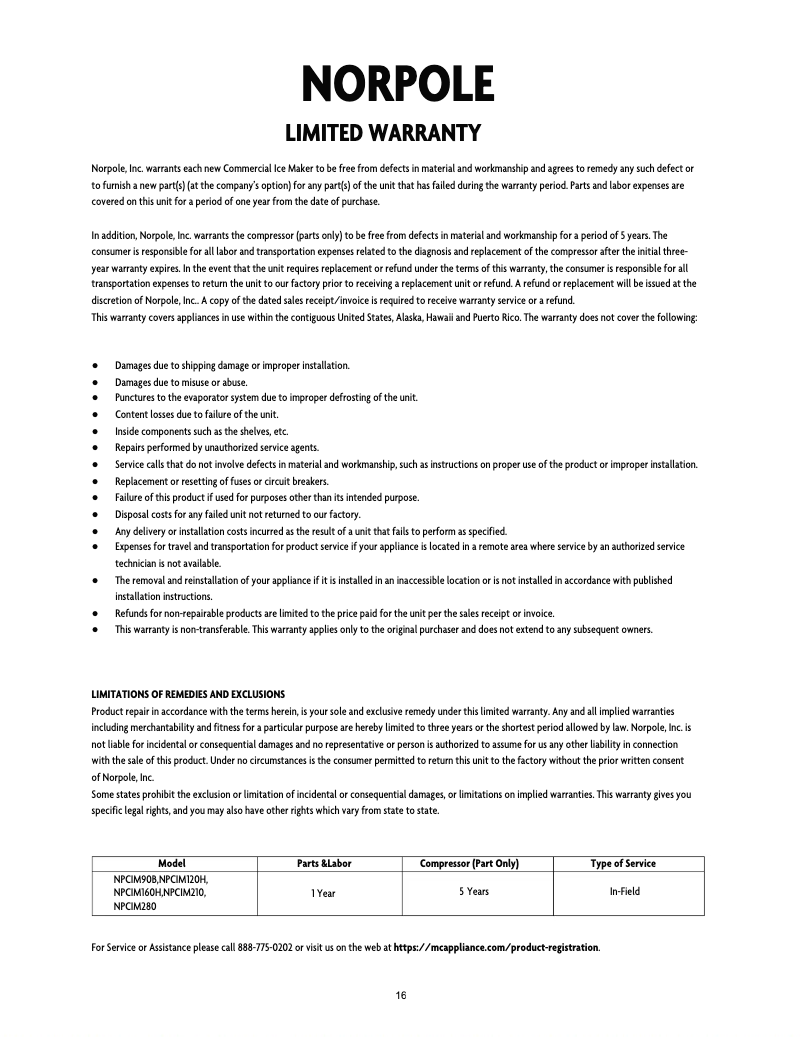 Page n°1 - Informations de garantie Norpole NPCIM280