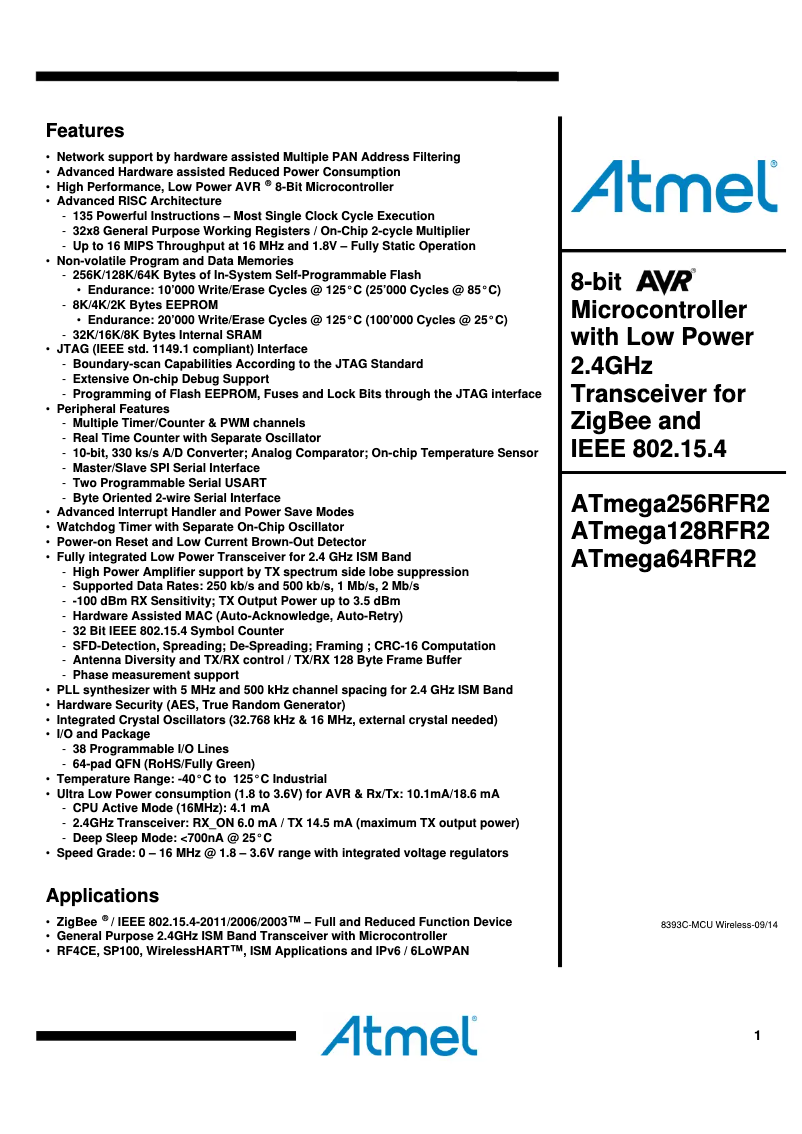 Page 1 de la notice Fiche technique Microchip ATmega256RFR2