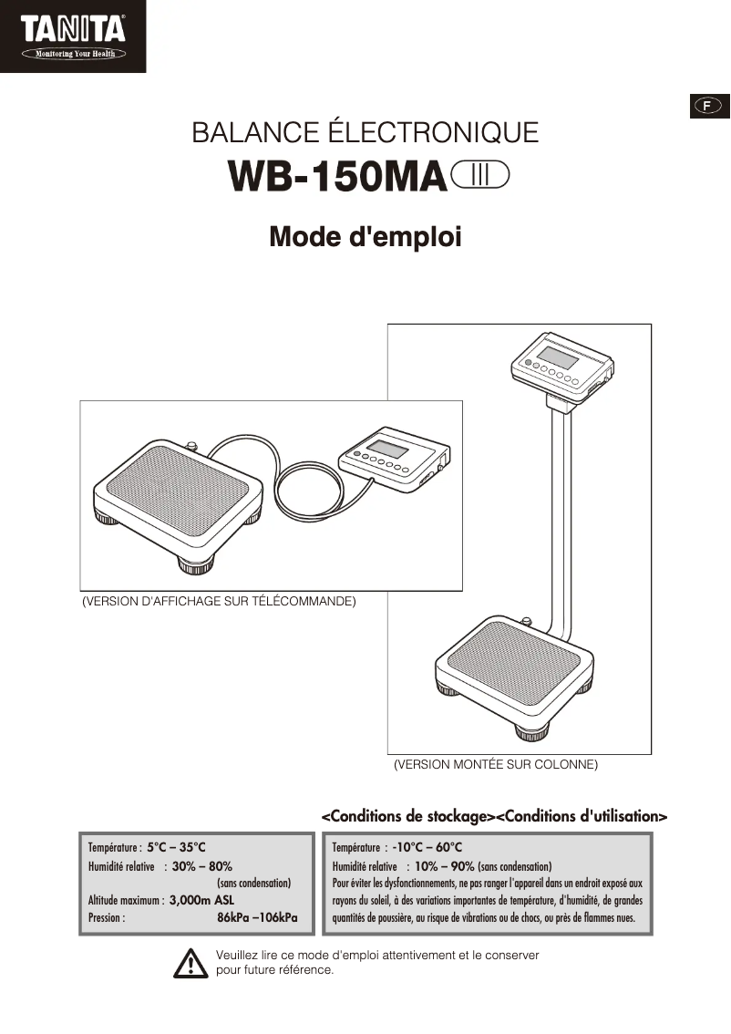 Page 1 de la notice Manuel utilisateur Tanita WB-150MA