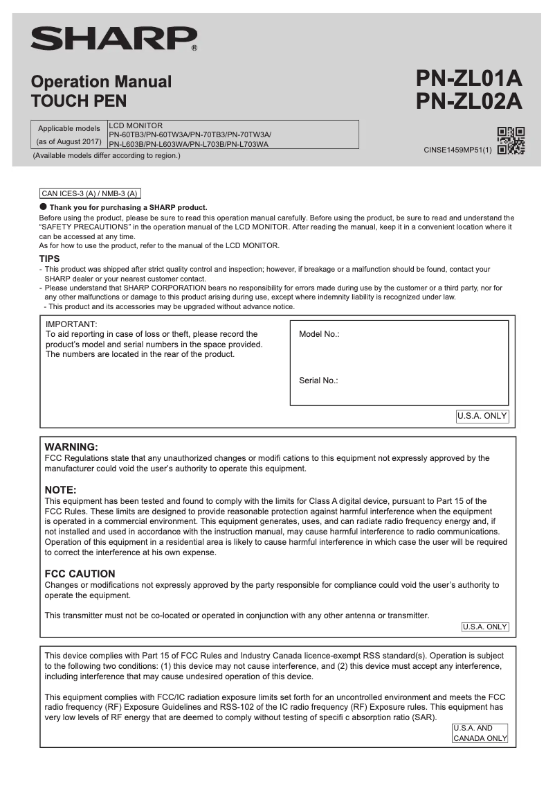 Page 1 de la notice Manuel utilisateur Sharp PN-ZL02A