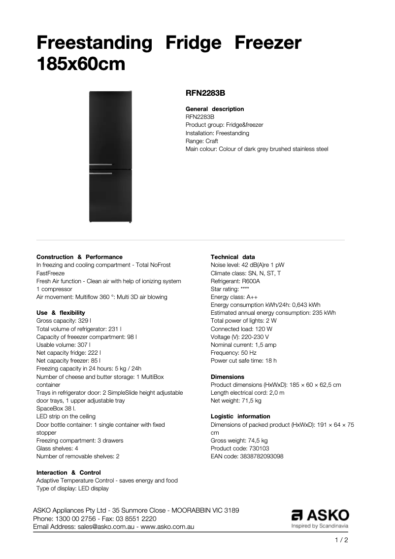 Página 1 del manual Ficha técnica Asko RFN2283B