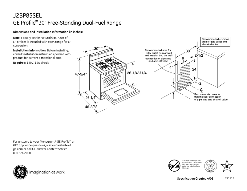 Page n°1 - Fiche technique GE J2BP85SELSS