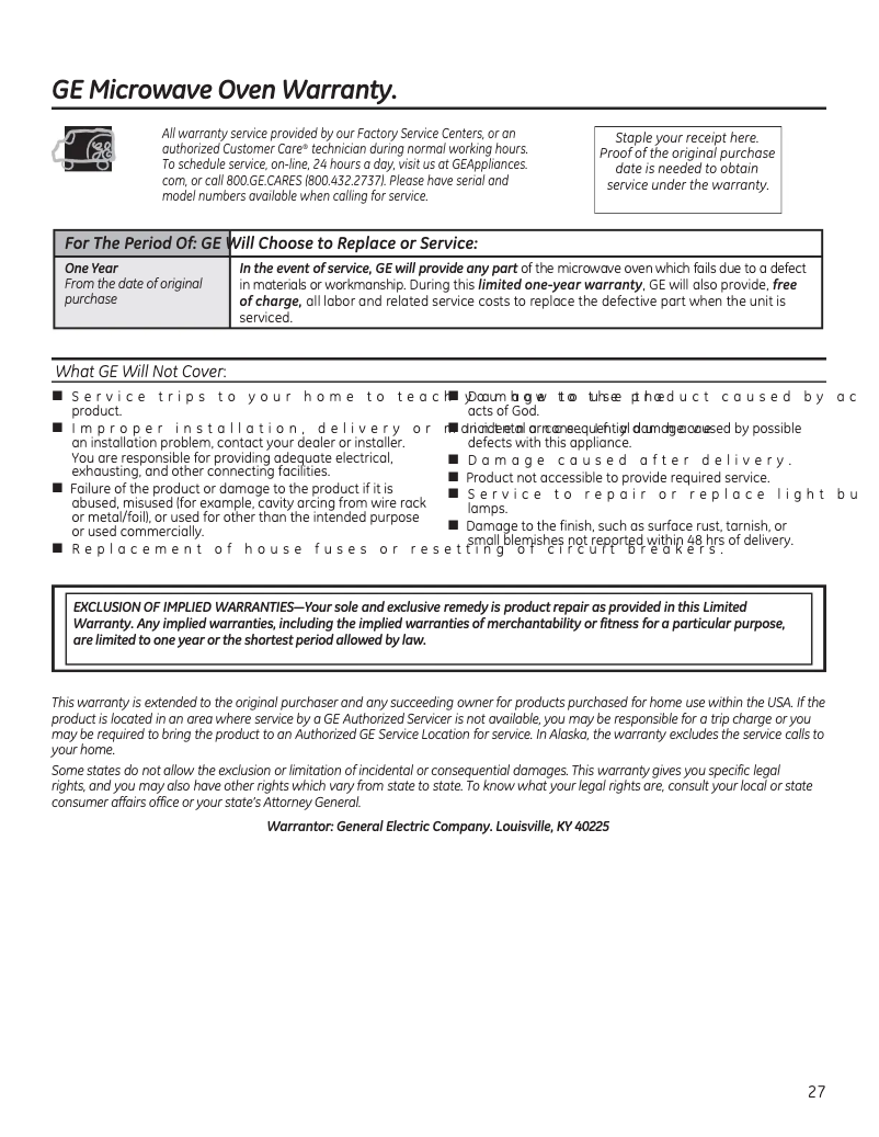Page 1 de la notice Informations de garantie GE JVM7195DKBB
