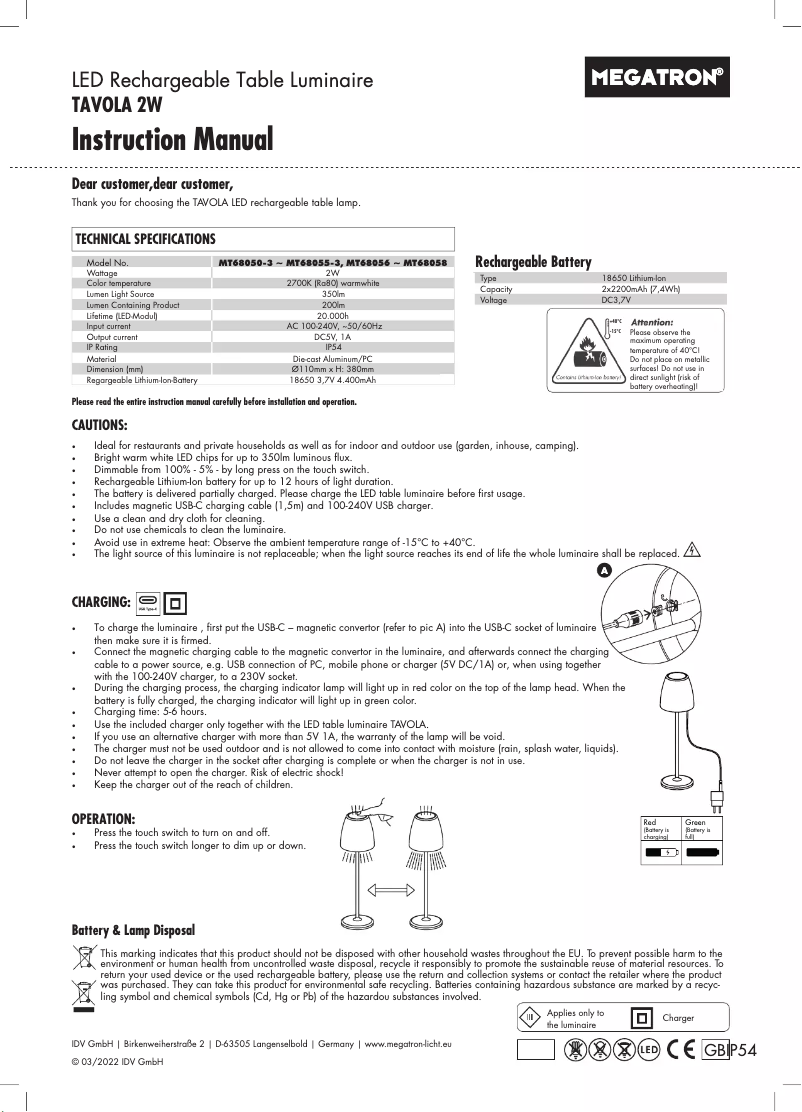 Page n°1 - Manuel utilisateur Megatron TAVOLA