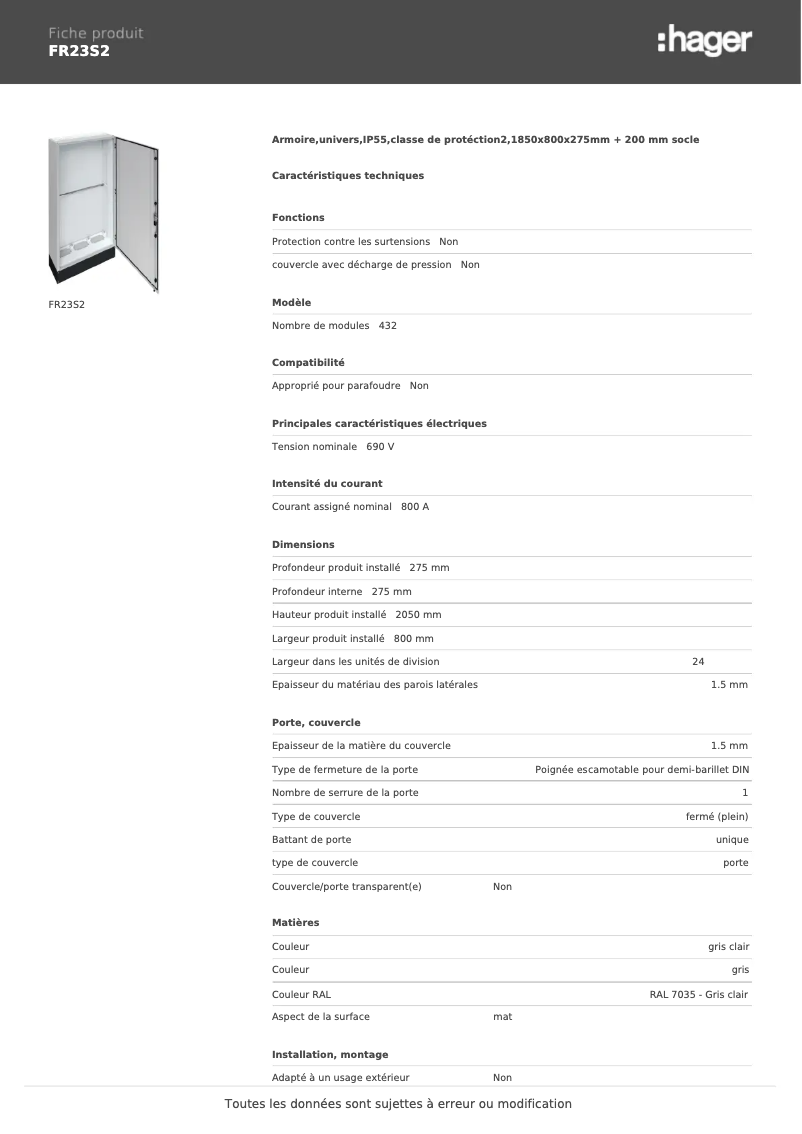 Page 1 de la notice Fiche technique Hager FR23S2