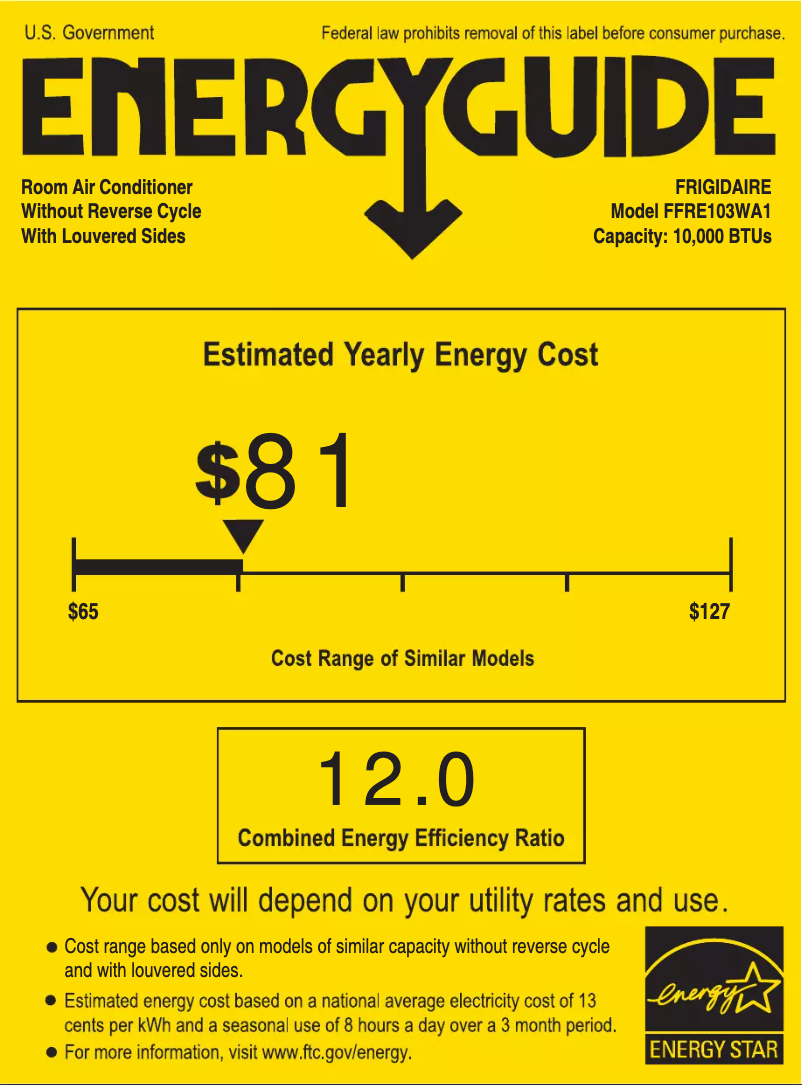 Page 1 de la notice Label énergétique Frigidaire FFRE103WAE