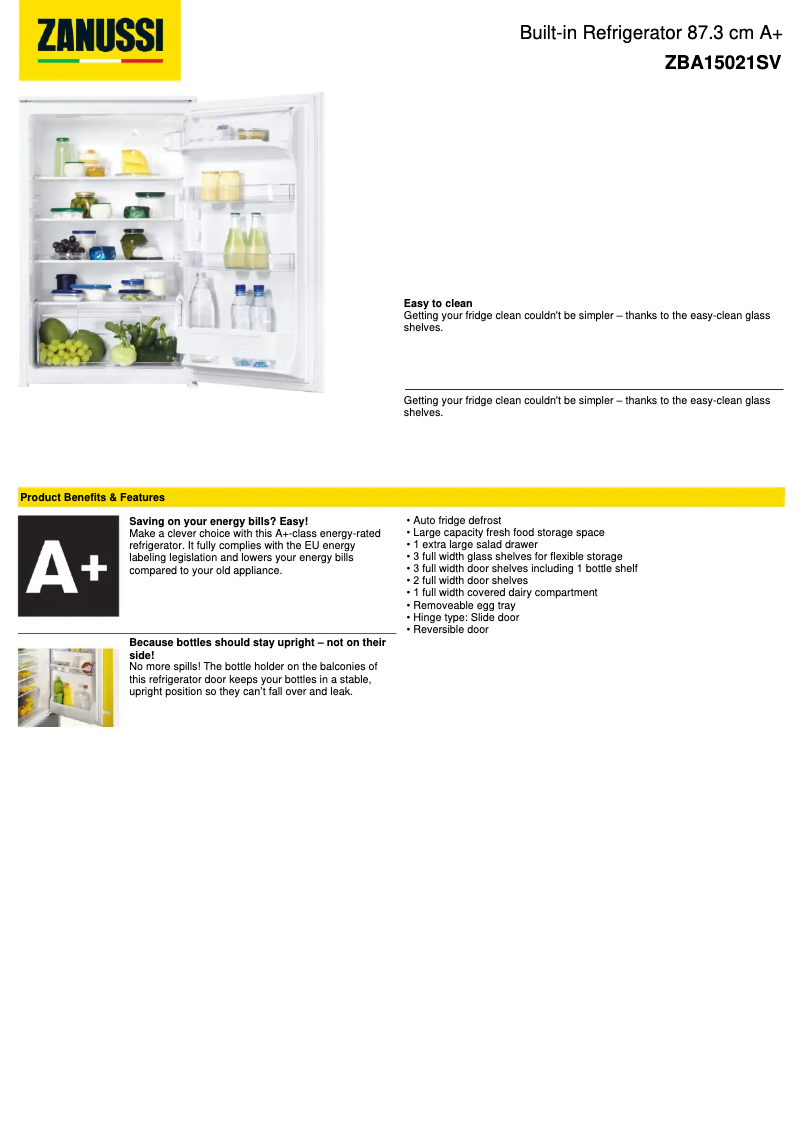 Page n°1 - Fiche technique Zanussi ZBA15021SV