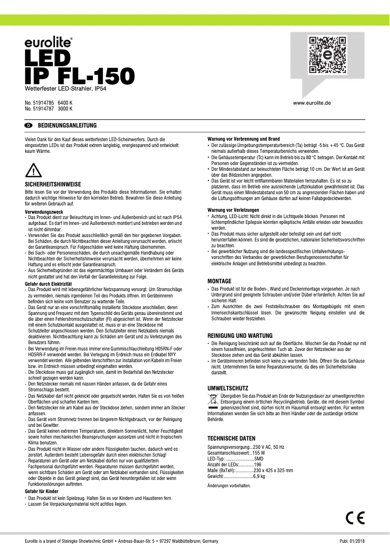 Page 1 de la notice Manuel utilisateur Eurolite LED IP FL-150