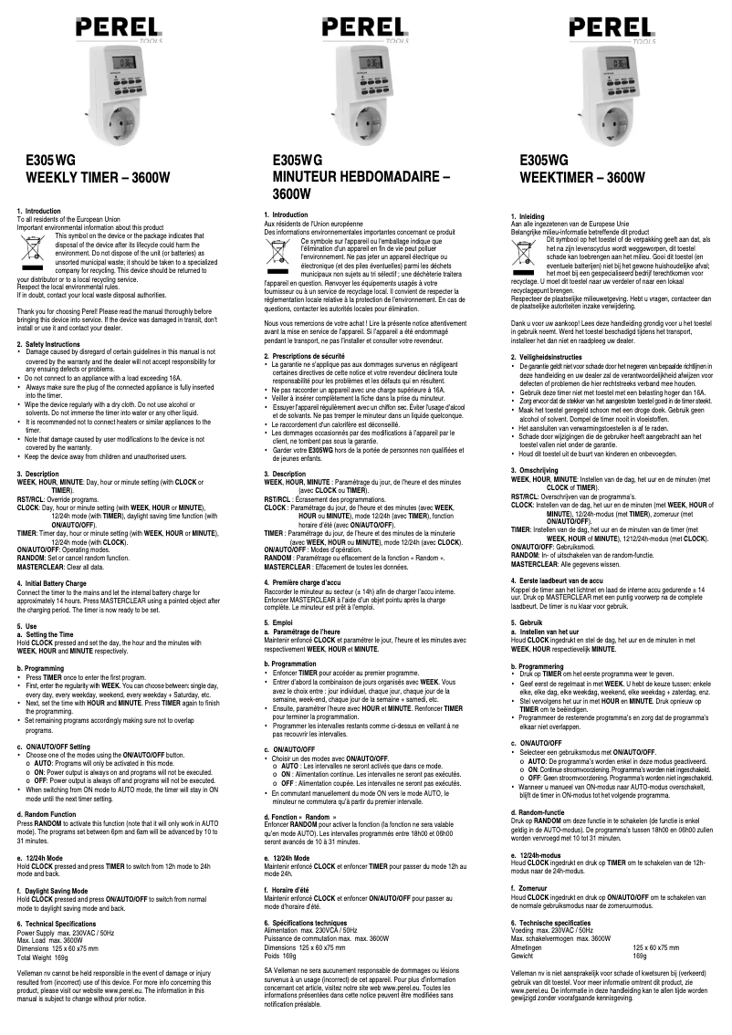 Page 1 de la notice Manuel utilisateur Perel E305WG