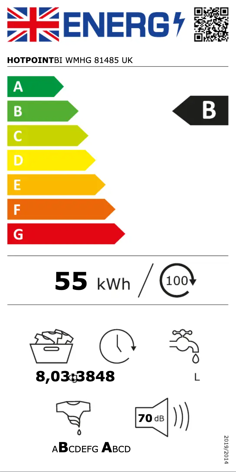 Page n°1 - Label énergétique Hotpoint BI WMHG 81485 UK