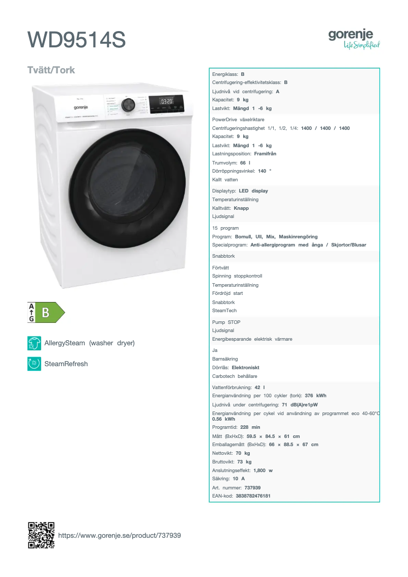 Page 1 de la notice Manuel utilisateur Gorenje WD9514S