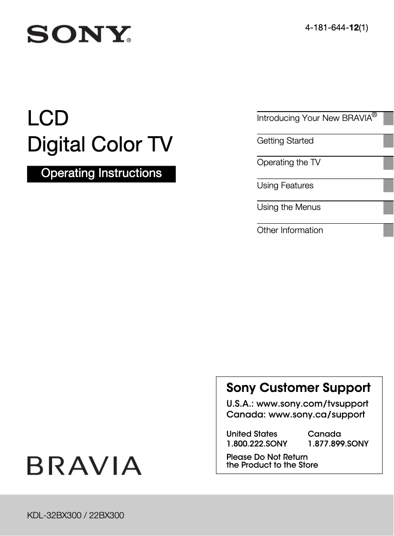 Page n°1 - Manuel utilisateur Sony Bravia KDL-22BX300