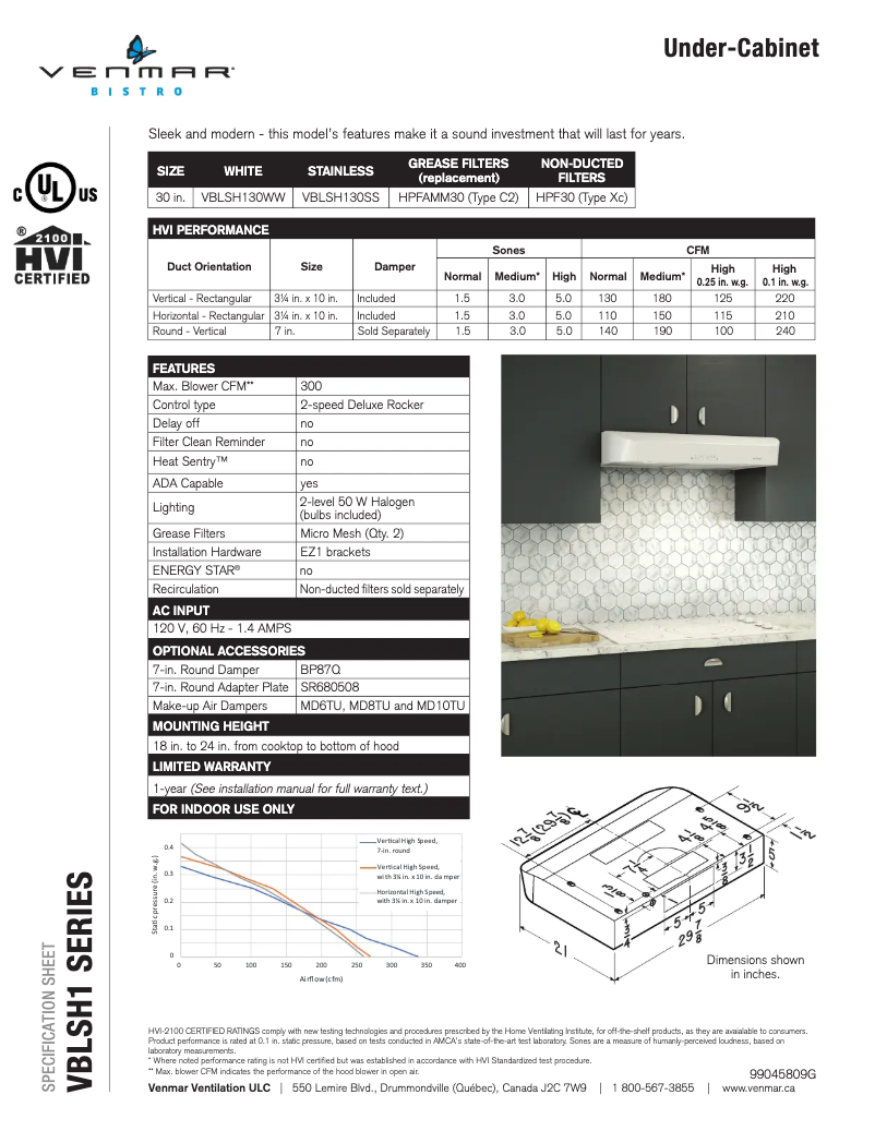 Página 1 del manual Ficha técnica Venmar Bistro VBLSH130SS