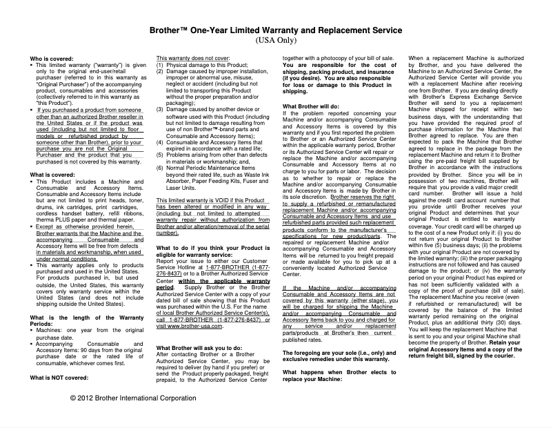 Página 1 del manual Información de garantía Brother MFC-J1010DW
