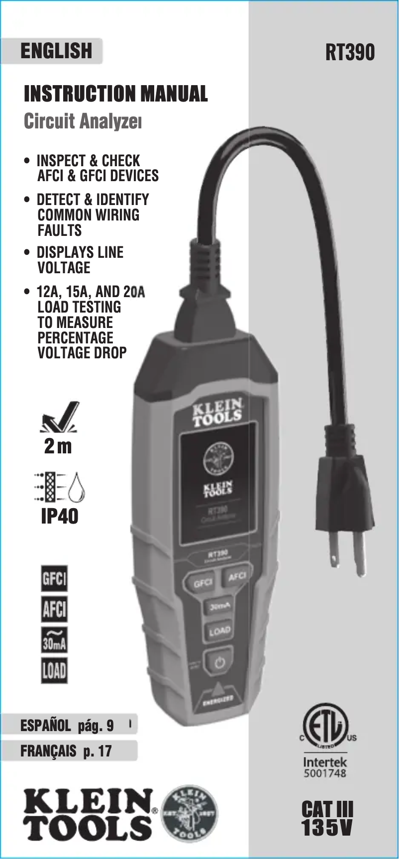 Page n°1 - Manuel utilisateur Klein Tools RT390