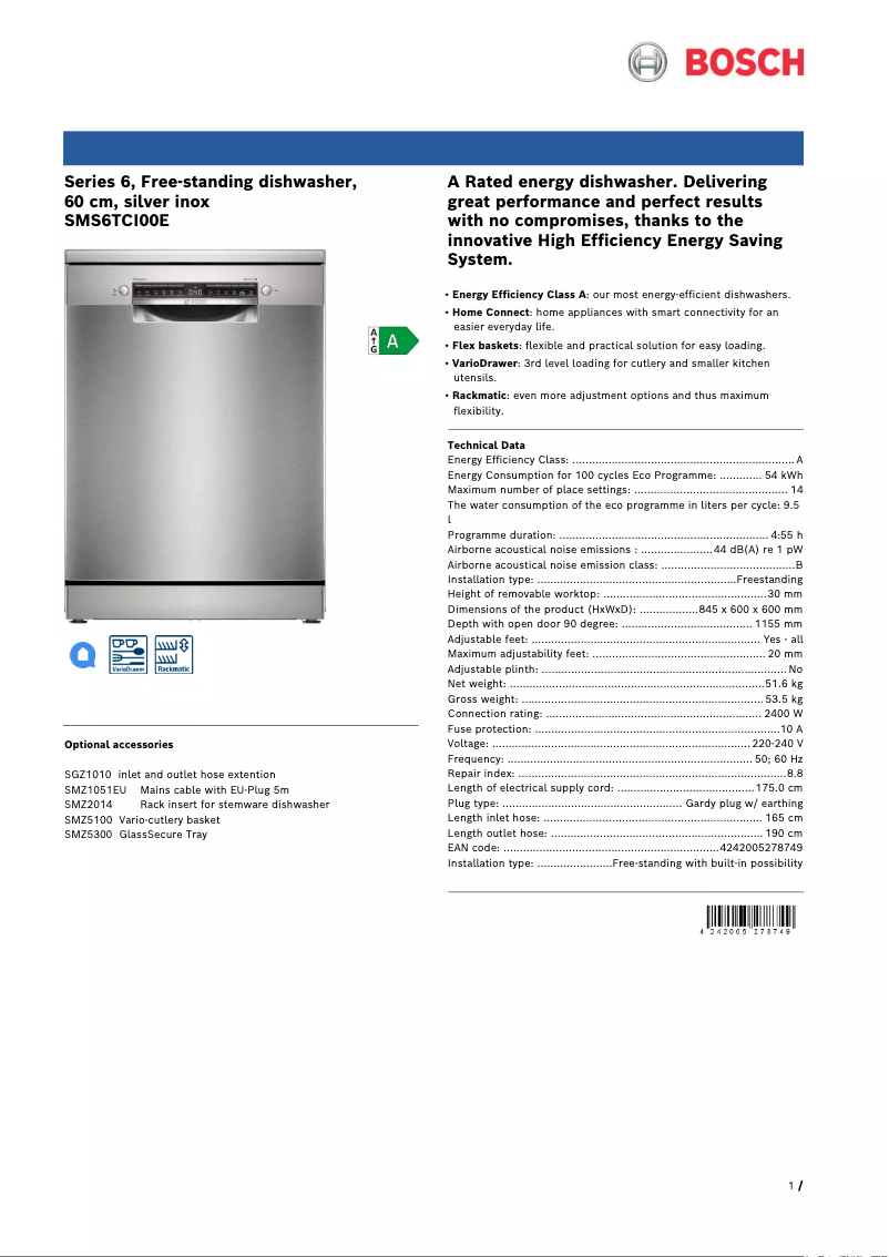 Página 1 del manual Ficha técnica Bosch SMS6TCI00E