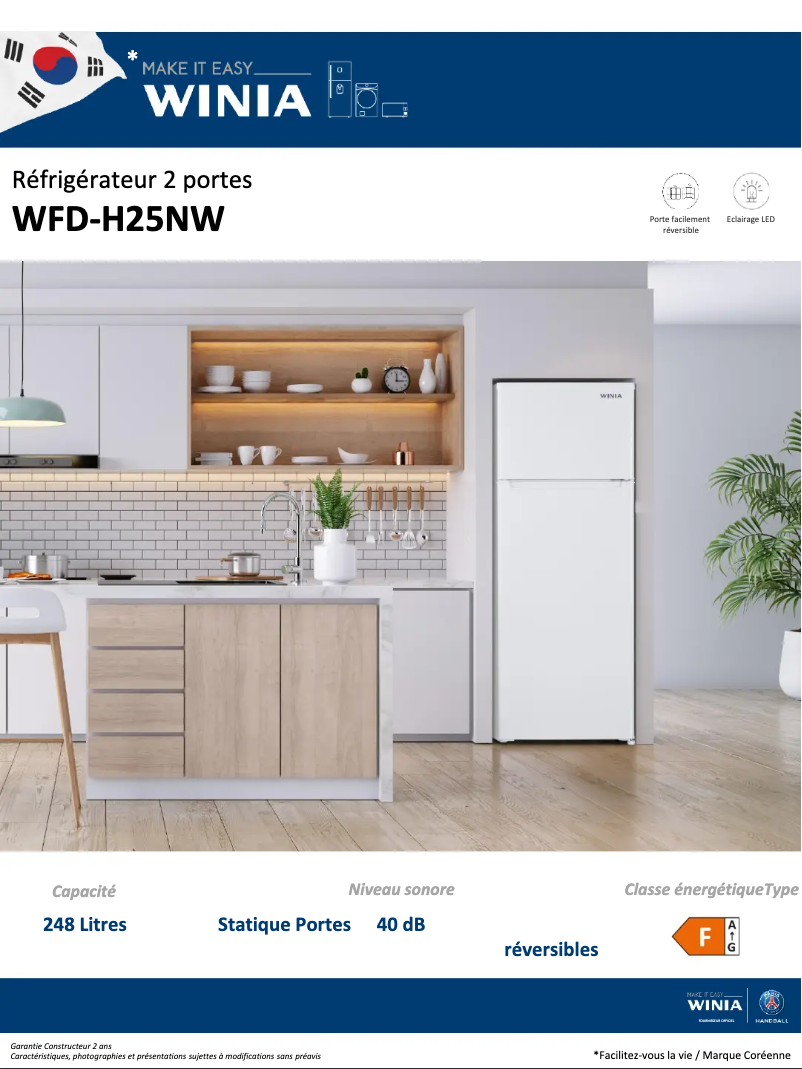 Page 1 de la notice Fiche technique Winia WFD-H25NW