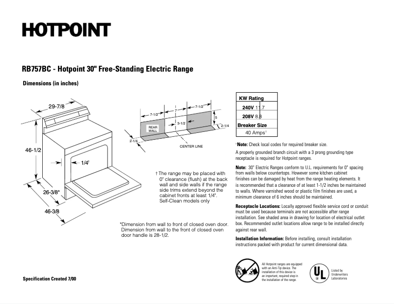 Page 1 de la notice Fiche technique Hotpoint RB757BCWH