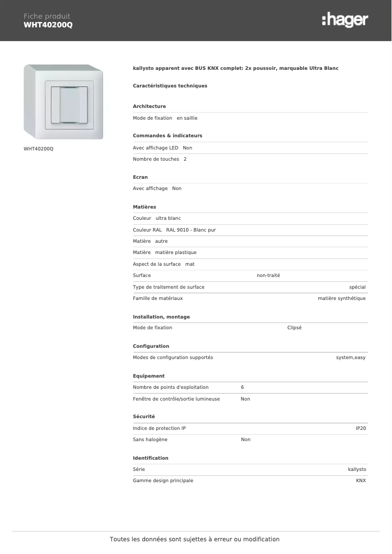 Page n°1 - Fiche technique Hager WHT40200Q