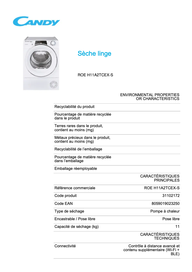 Page 1 de la notice Fiche technique Candy ROE H11A2TCEX-S