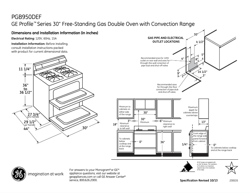 Page 1 of the manual Technical Sheet GE Profile PGB950DEFWW