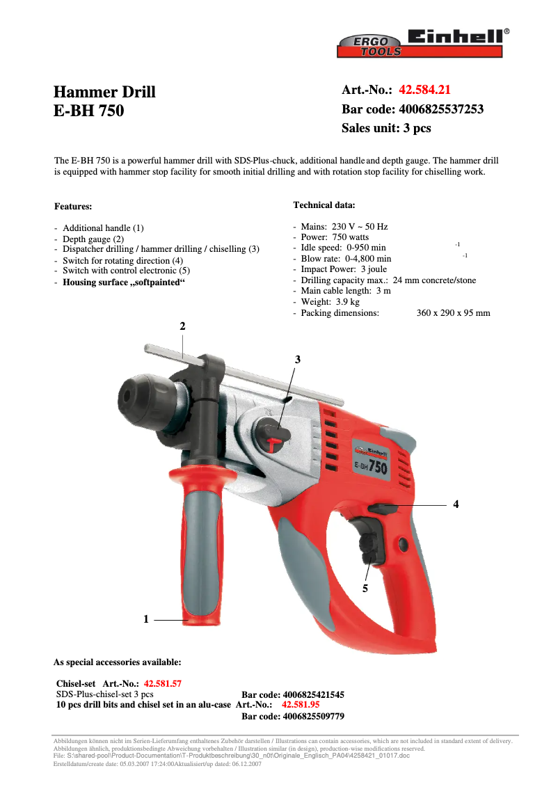 Page 1 de la notice Manuel utilisateur Einhell E-BH 750