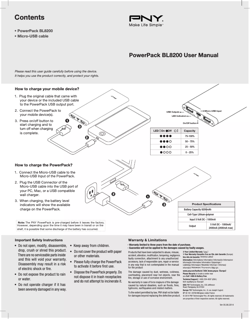 Page 1 de la notice Manuel utilisateur PNY PowerPack BL8200