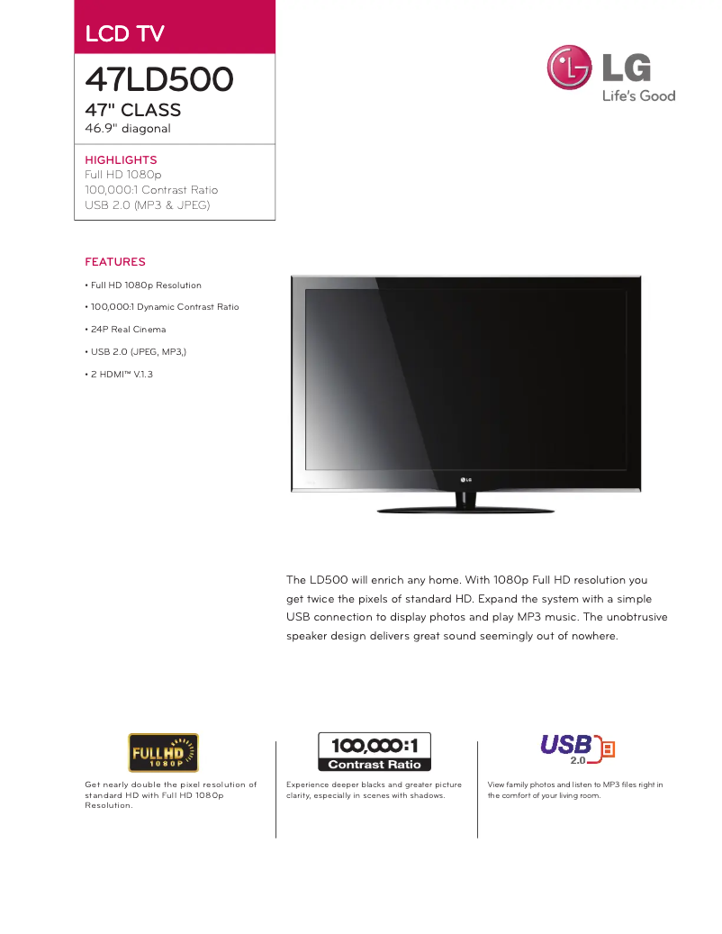 Page n°1 - Fiche technique LG 47LD500