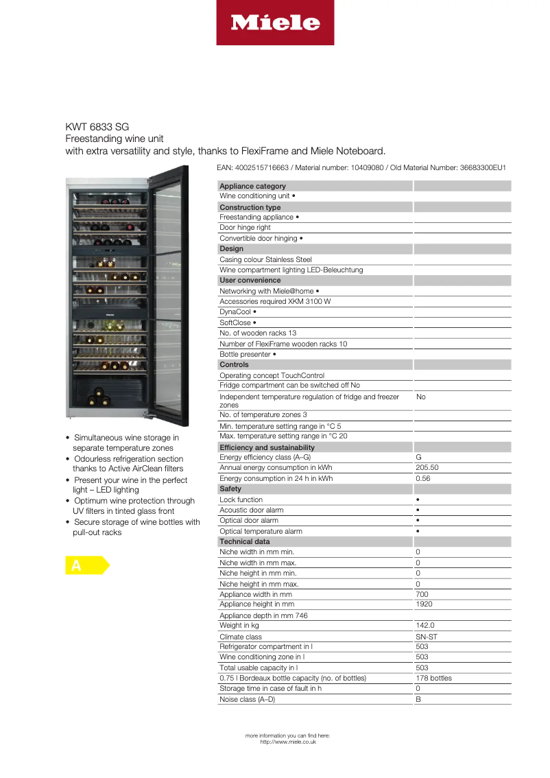 Page n°1 - Fiche technique Miele KWT 6833 SG