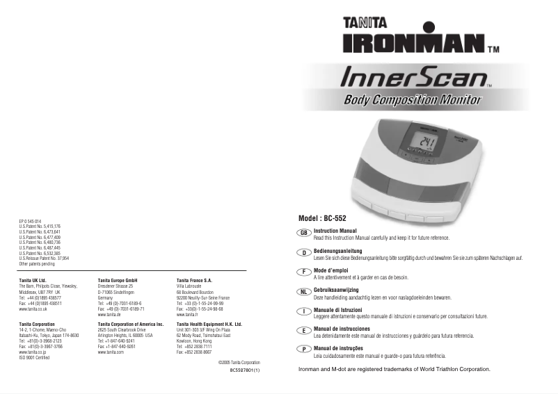 Page 1 de la notice Manuel utilisateur Tanita InnerScan BC-552