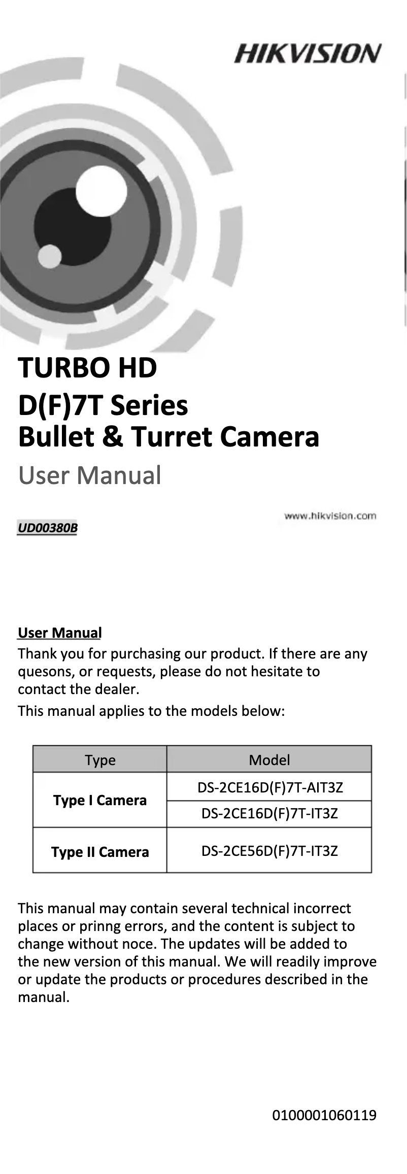 Page 1 de la notice Manuel utilisateur Hikvision DS-2CE16D7T-(A)IT3Z