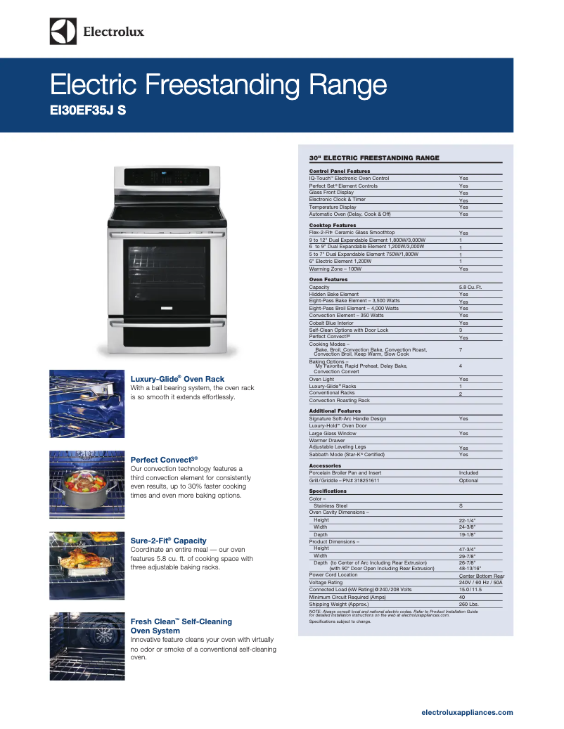 Page 1 de la notice Fiche technique Electrolux EI30EF35JS