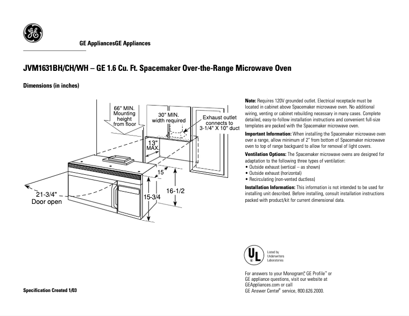 Page 1 de la notice Fiche technique GE JVM1631CH