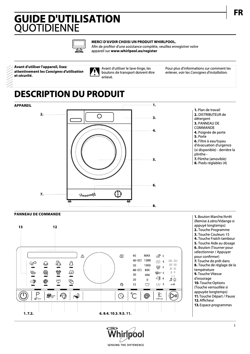 Page 1 de la notice Manuel utilisateur Whirlpool ZEN FSCR80430