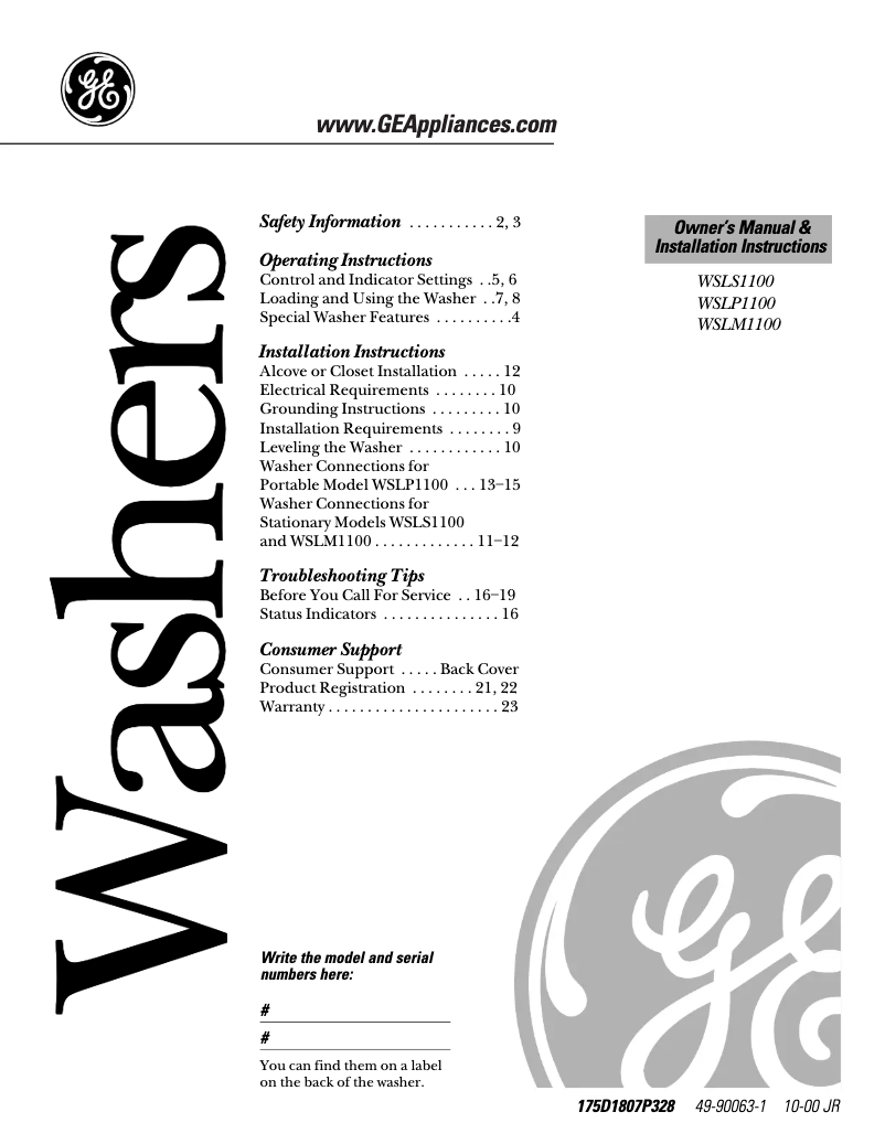 Page n°1 - Guide d'installation GE WSLS1100AAA