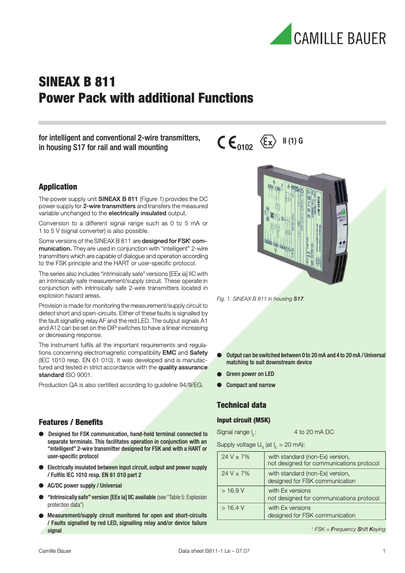 Page 1 de la notice Fiche technique Camille Bauer Sineax B811