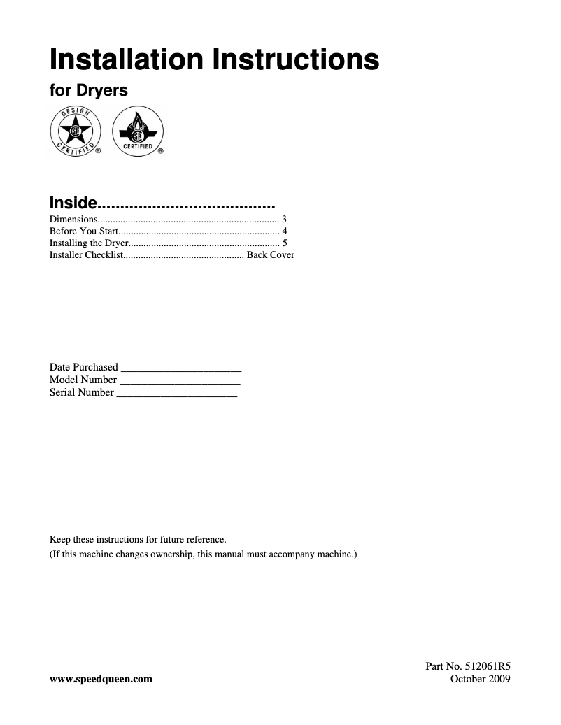 Page n°1 - Manuel utilisateur Speed Queen ADG3TR