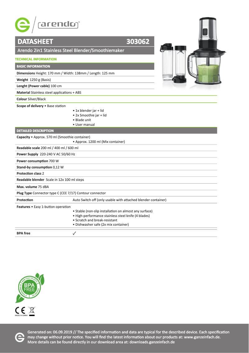 Page n°1 - Fiche technique Arendo 2In1 Mixer 303062
