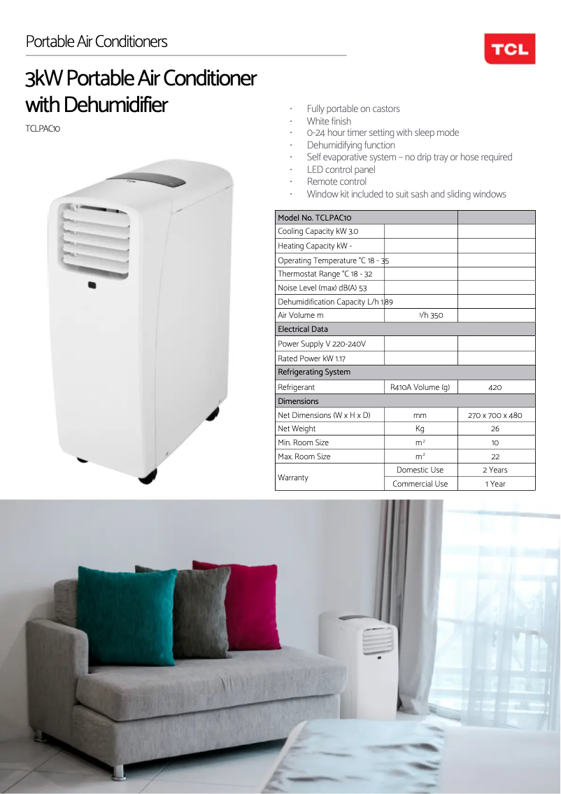 Page 1 de la notice Fiche technique TCL TCLPAC10
