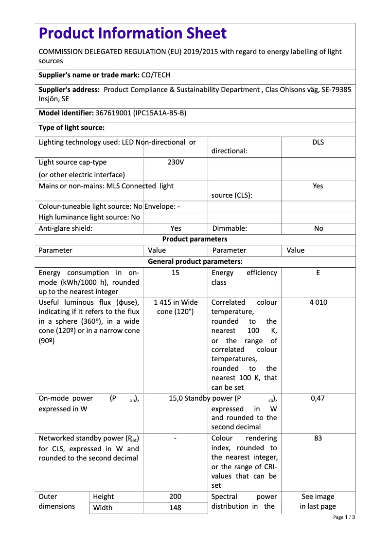 Page 1 de la notice Fiche technique Cotech IPC15A1A-B5